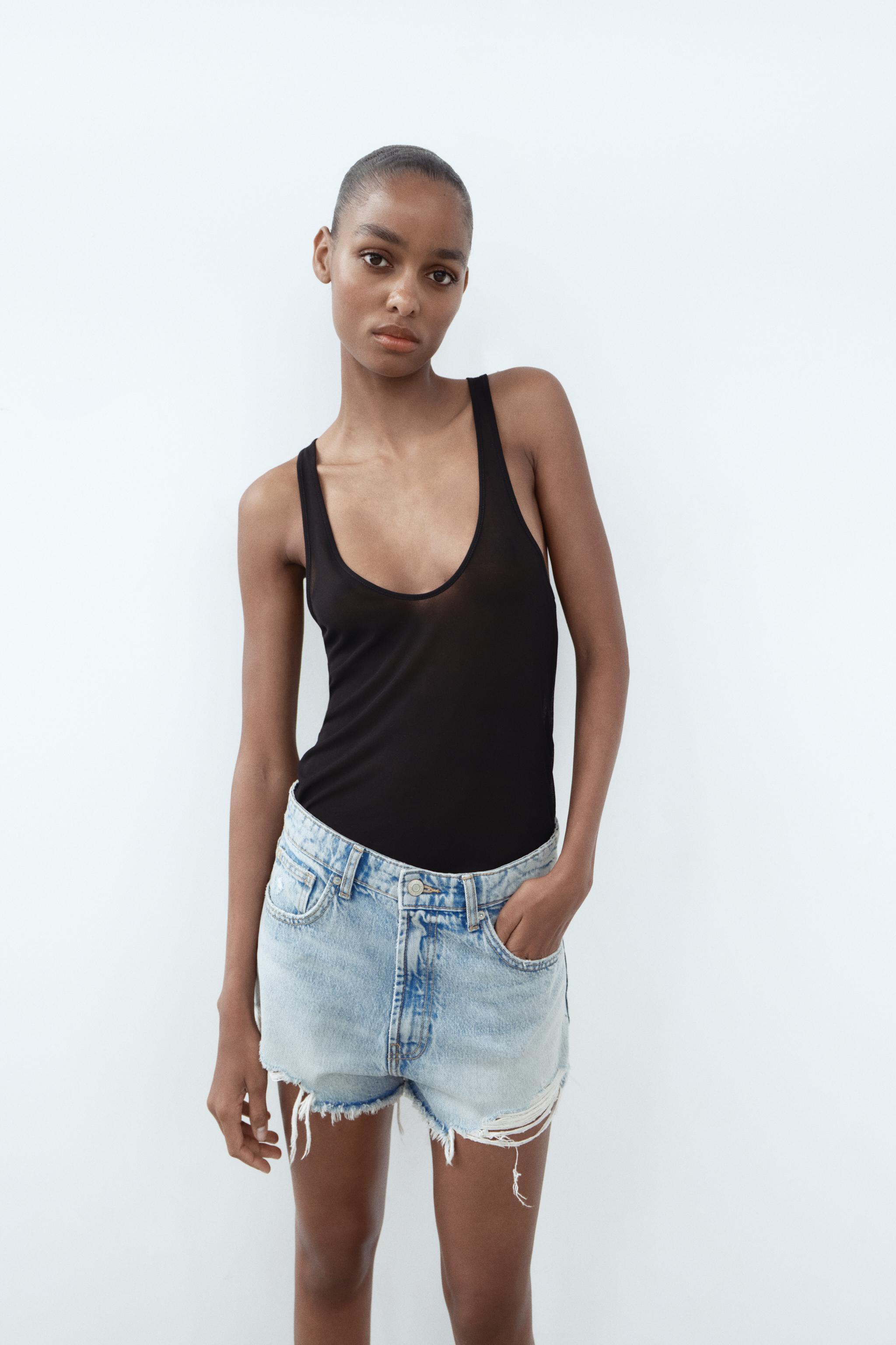 HIGH WAIST RIPPED TRF DENIM SHORTS Product Image