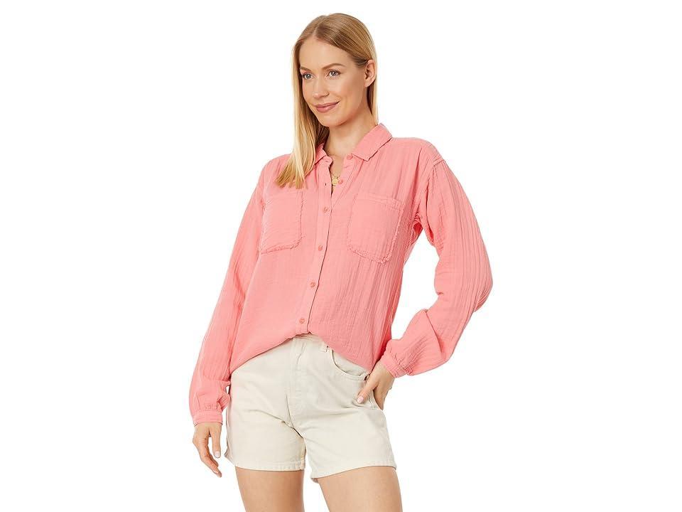 Mod-o-doc Double Layer Gauze Long Sleeve Flowy Button-Up Shirt (Sweet Coral) Women's Clothing Product Image