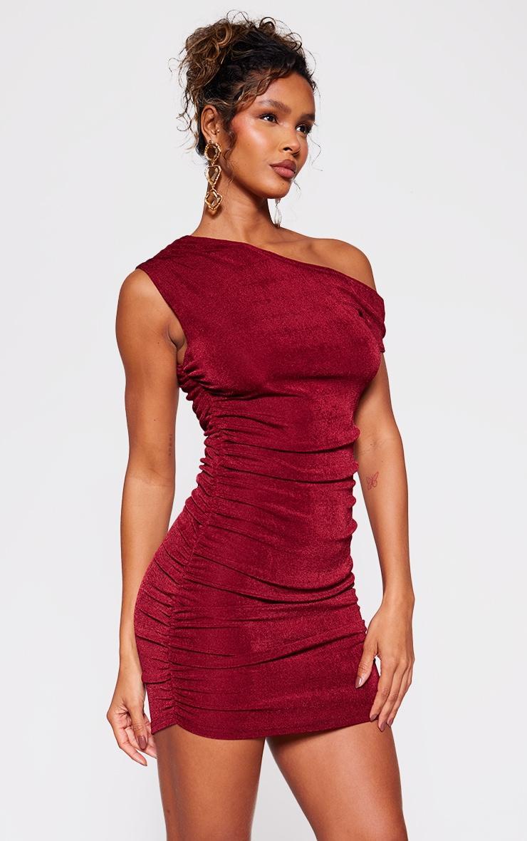 Burgundy Slinky Acetate Ruched One Shoulder Mini Dress Product Image