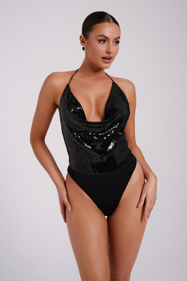 Nathalie Sequin Cowl Bodysuit - Black Product Image