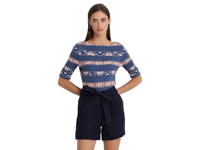 Lauren Ralph Lauren Elbow Length Sleeve Boat Neck Multi Stripe Top Product Image