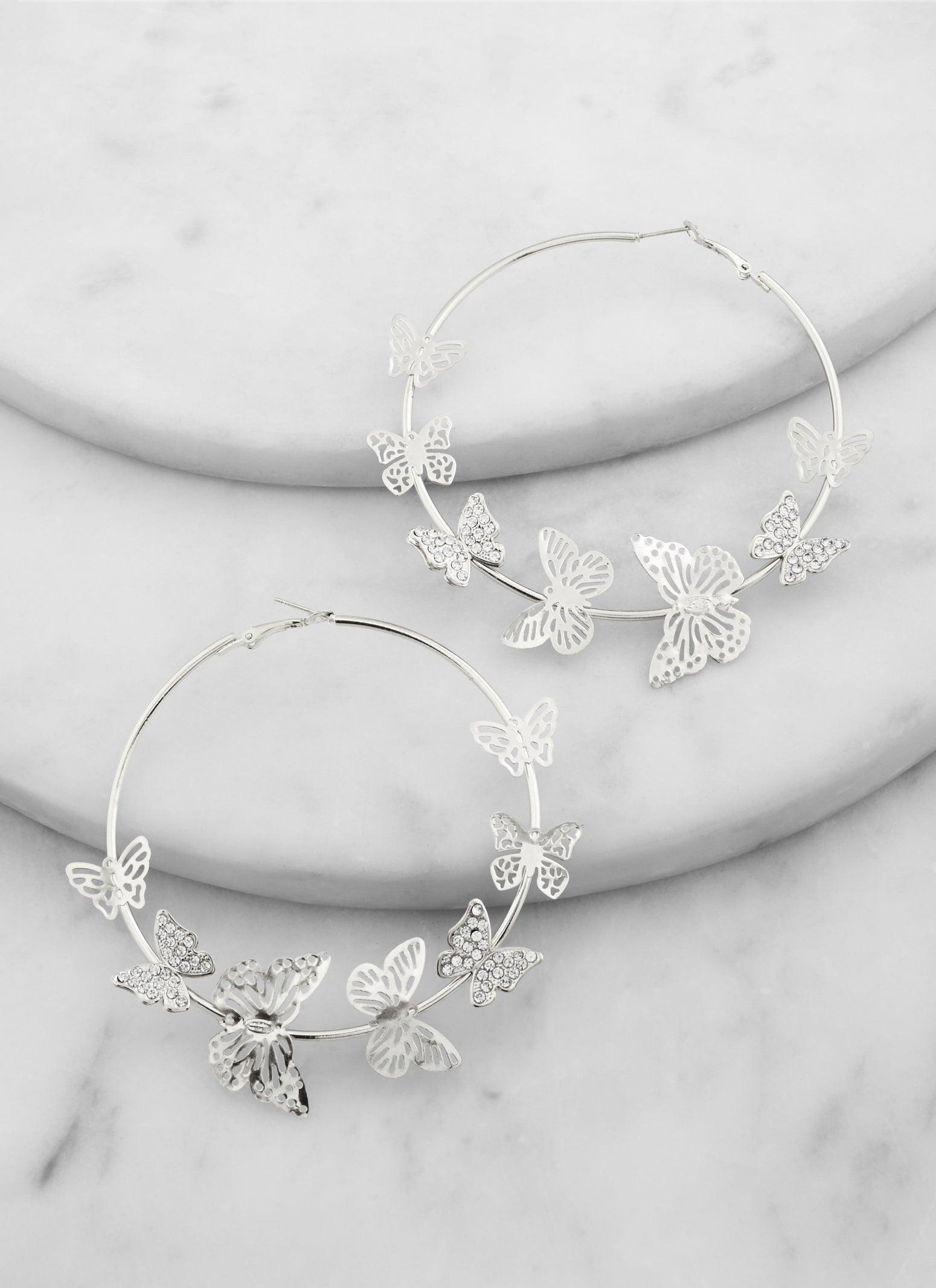 Womens Rhinestone Butterfly Hoop Earrings Product Image