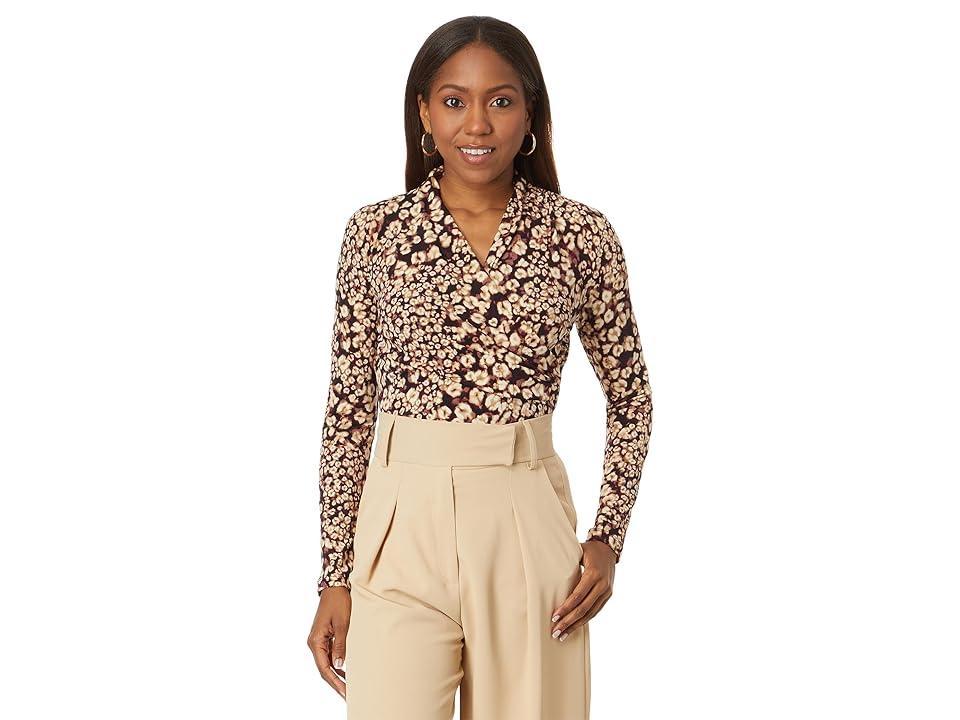 DKNY Long Sleeve Side Wrap Knit Top (Cashew Multi) Women's Blouse Product Image