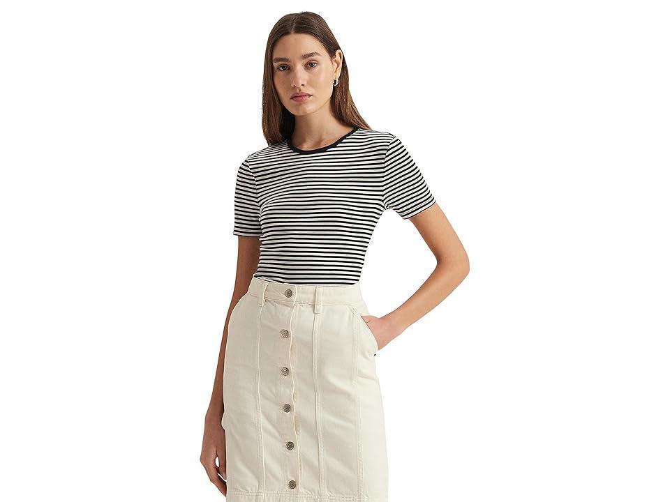 Lauren Ralph Lauren Petite Striped Stretch Cotton Crewneck Tee (Black/Mascarpone Cream) Women's Clothing product image