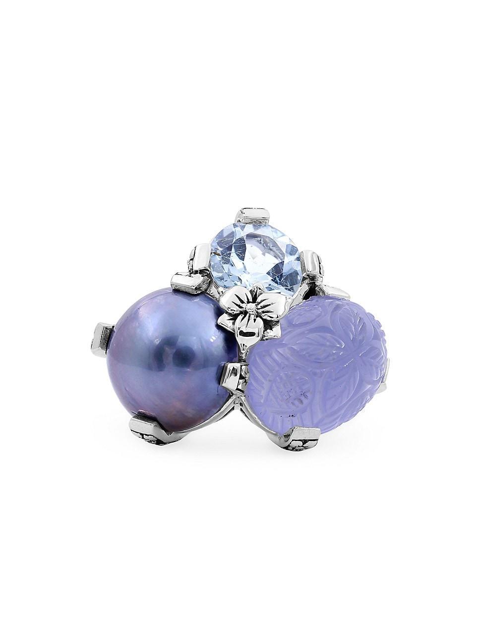 Womens Terraquatic Sterling Silver, Blue Topaz, Blue Chalcedony & Pearl Ring Product Image