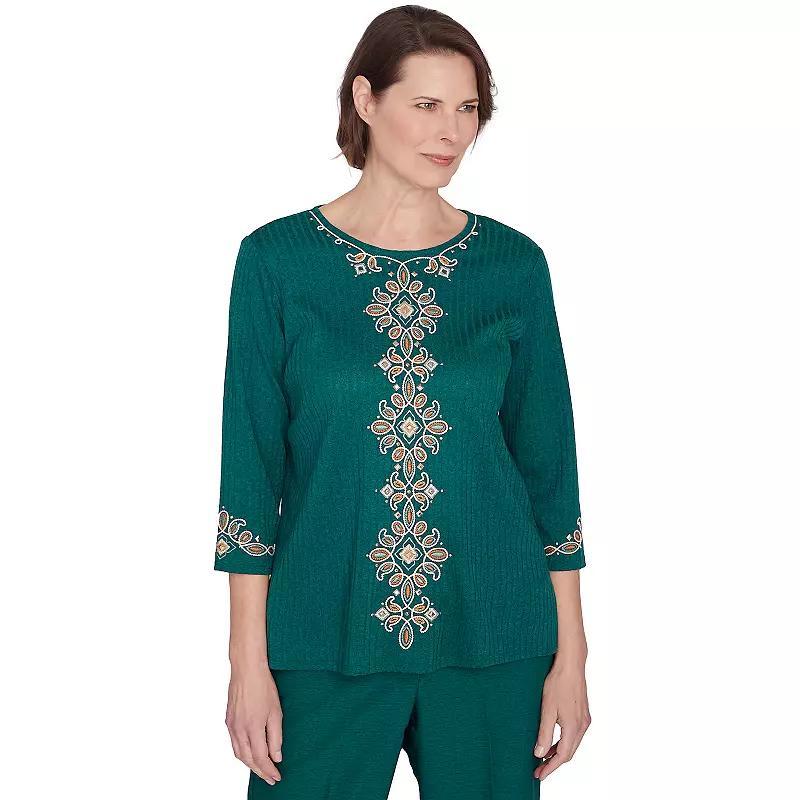 Petite Alfred Dunner Embroidered Three Quarter Sleeve Top, Womens Green Product Image