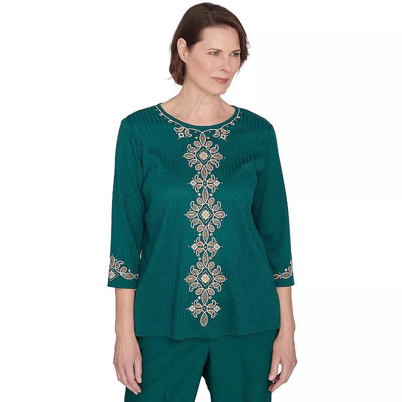 Petite Alfred Dunner Embroidered Three Quarter Sleeve Top, Womens Green Product Image