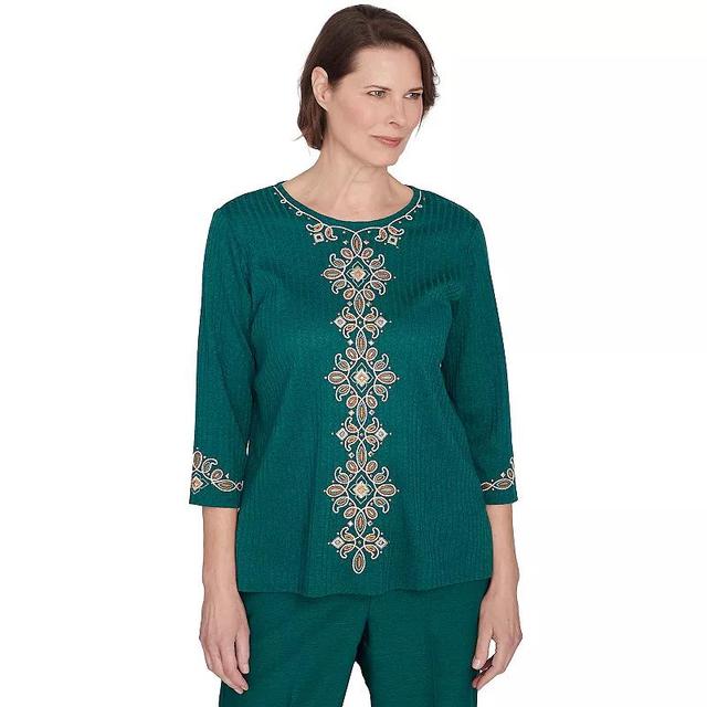 Womens Alfred Dunner Center Medallion Embroidered Three Quarter Sleeve Top Green Product Image