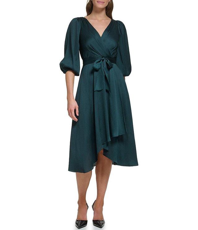 DKNY by Donna Karan Surplice V-Neck Elbow Balloon Sleeve Wrap Tie Waist Tulip Hem Midi Dress Product Image