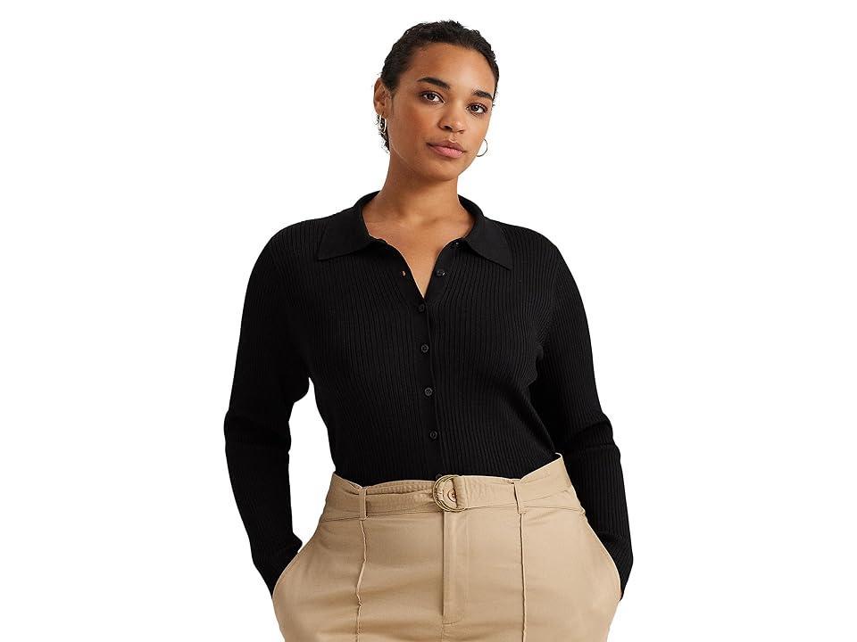 Lauren Ralph Lauren Plus-Size Rib-Knit Long-Sleeve Polo Cardigan Women's Sweater Product Image