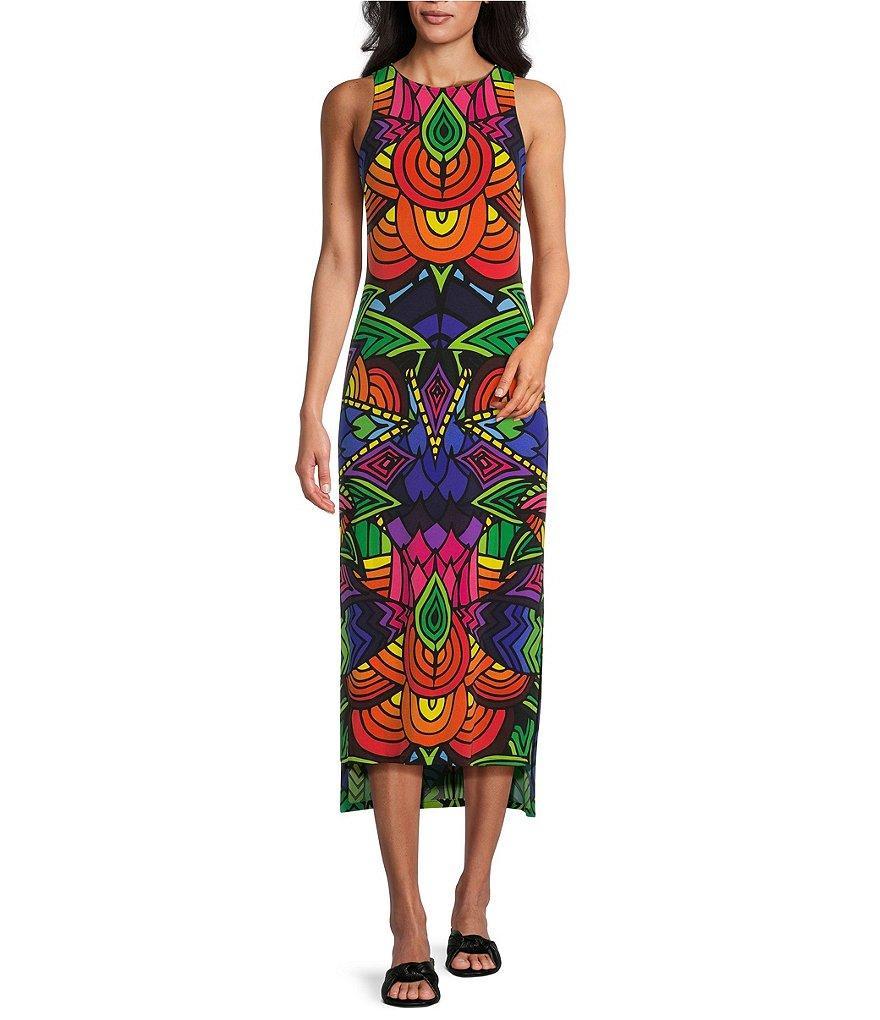 Eva Varro Barbara Jersey Knit Abstract Print Round Neck Sleeveless A-Line Midi Dress Product Image