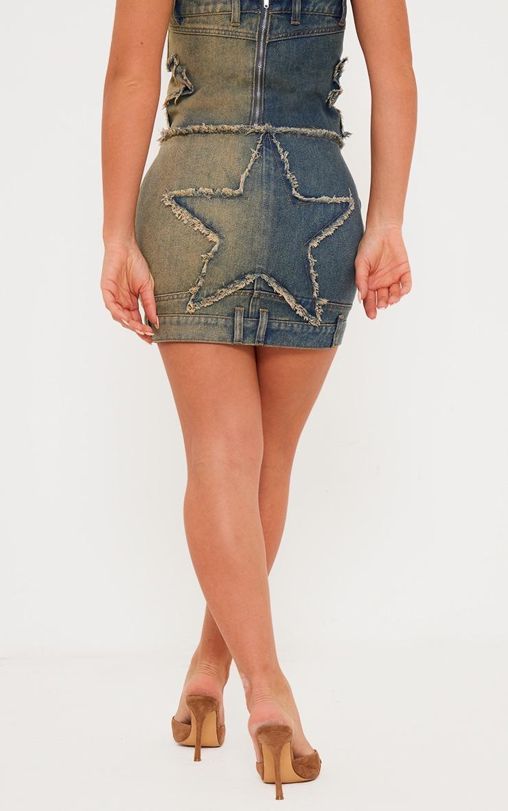 Indigo Vintage Wash Raw Hem Star Embroidery Denim Mini Skirt Product Image