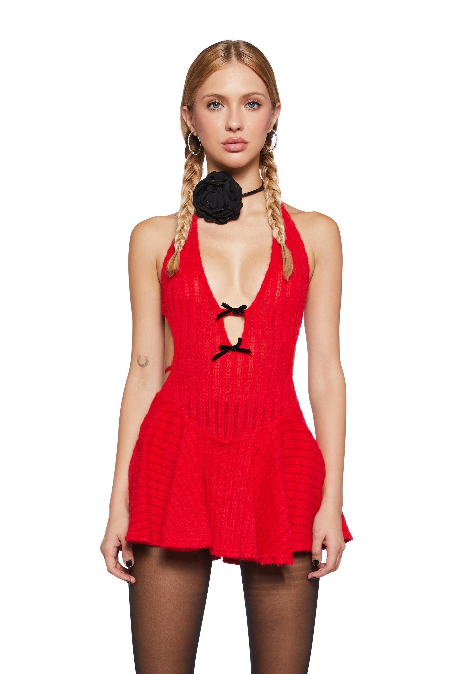 Fuzzy Knit Open-Back Bow Halter Mini Dress - Red Product Image