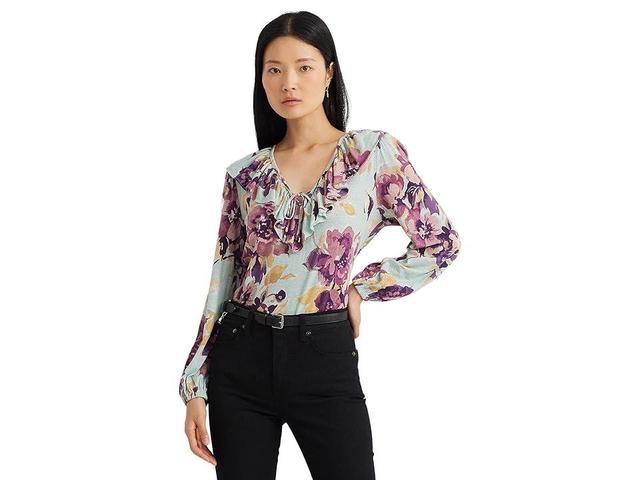 LAUREN Ralph Lauren Floral Ruffle-Trim Jersey Tie-Neck Top (Light Multi) Women's Clothing Product Image