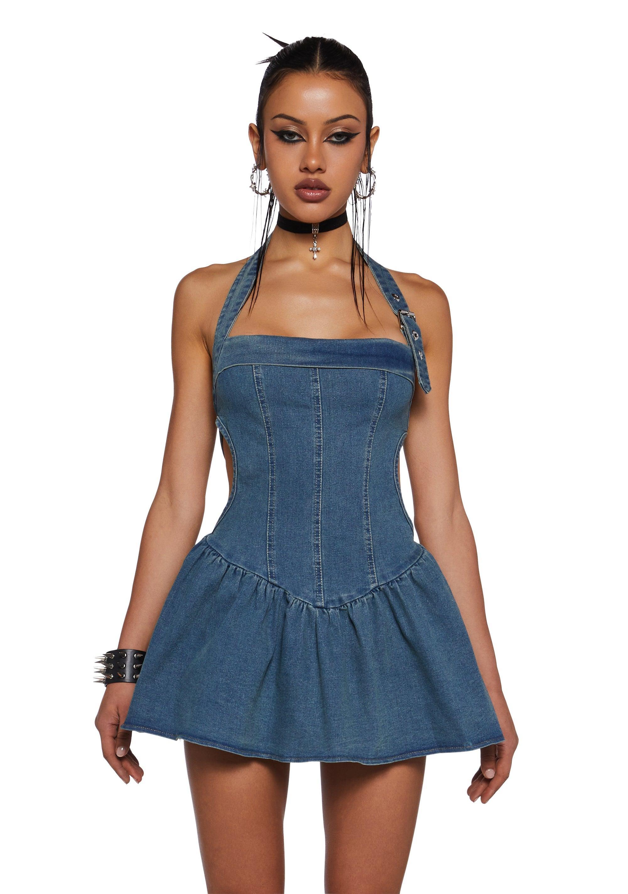 Denim Halter Mini Dress - Blue product image