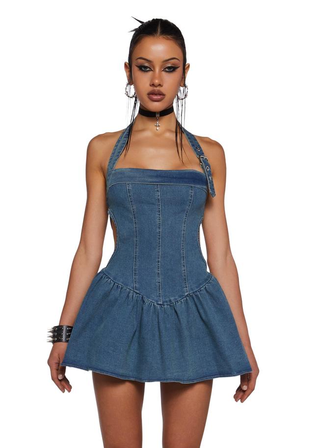 Denim Halter Mini Dress - Blue Product Image