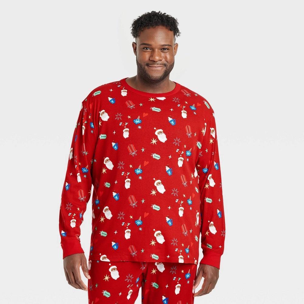 Men's Big & Tall Santa Print Cotton Ribbed Holiday Matching Family Pajama Shirt - Wondershop™ Red 5XLT Product Image