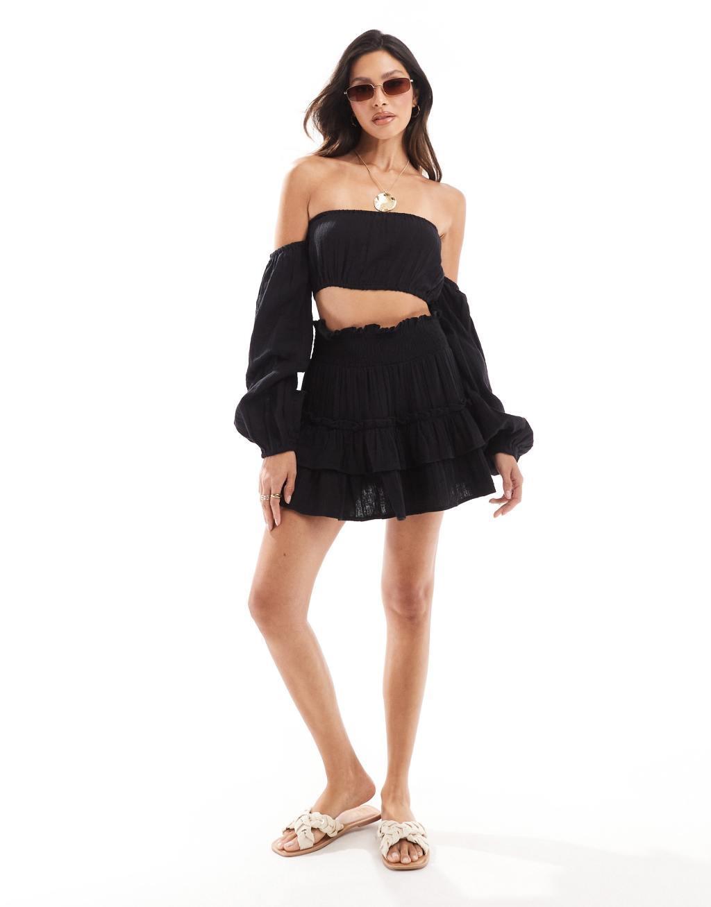 ASOS DESIGN double gauze ra-ra mini beach skirt in black - part of a set product image