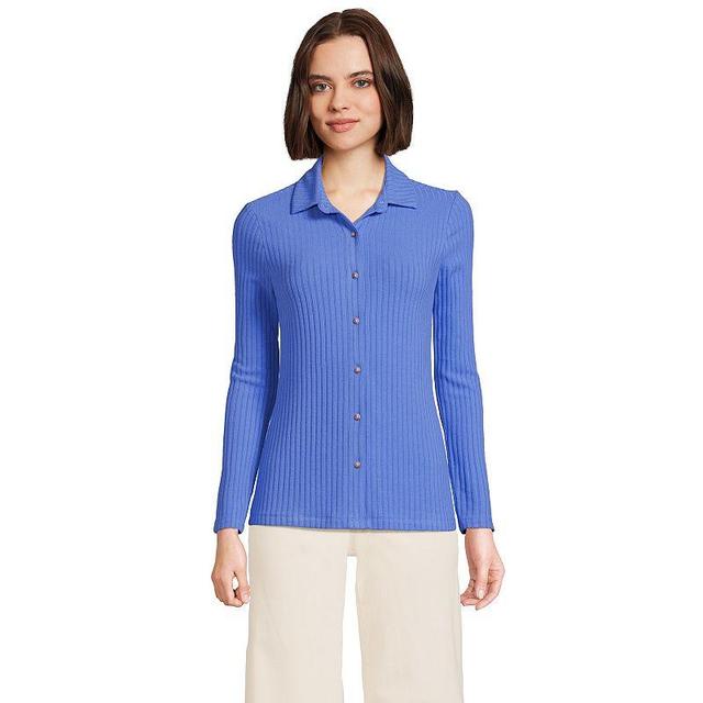 Womens Lands End Long-Sleeve Ribbed Button-Front Polo Top Product Image