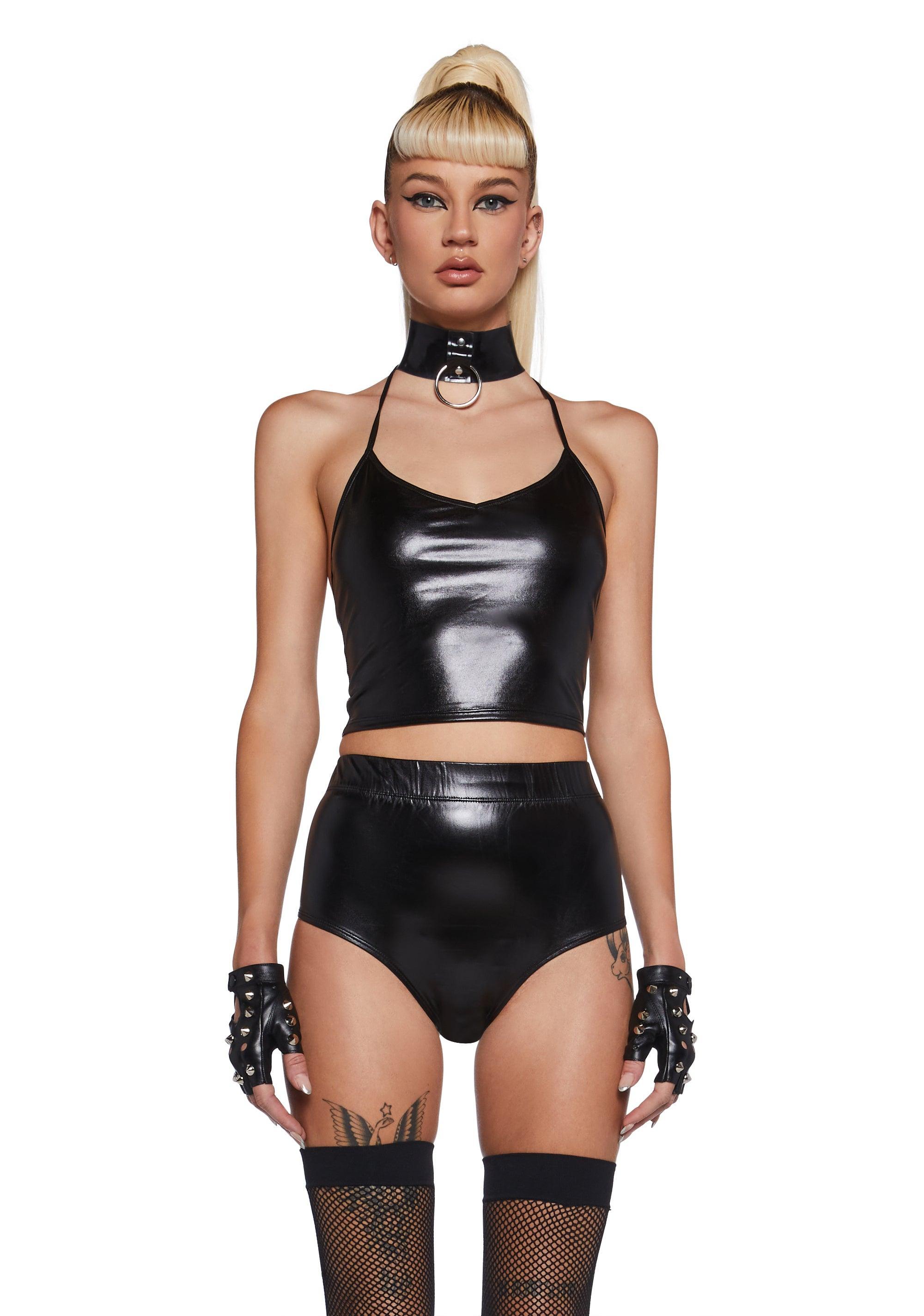 Vegan Leather Liquid Halter Tank And Hot Pants Set - Black Product Image