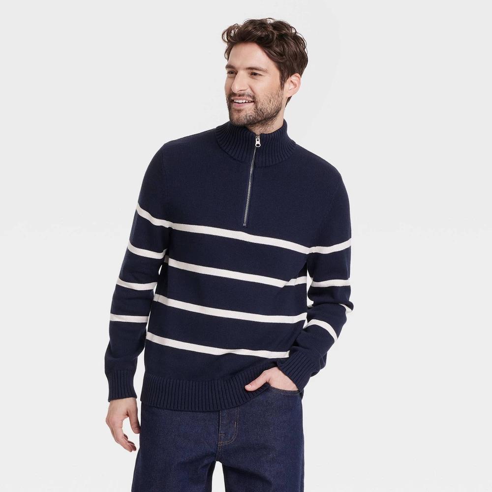 Mens Striped Quarter Zip Sweater - Goodfellow & Co Navy Blue L Product Image