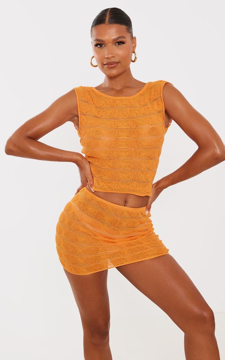 Orange Bobble Textured Sheer Knit Mini Skirt Product Image