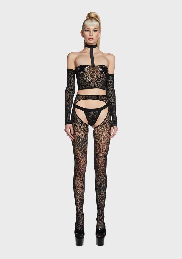 Sheer Lace Halter Crop Top Tights And Thong Panty Lingerie Set - Black Product Image