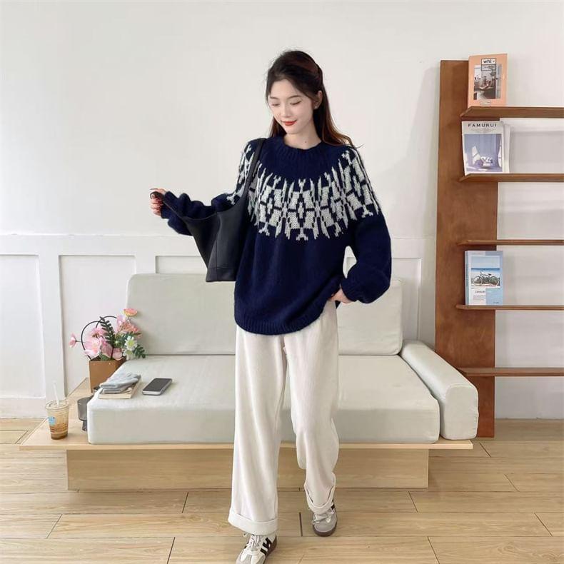 Crew Neck Pattern Jacquard Sweater Product Image