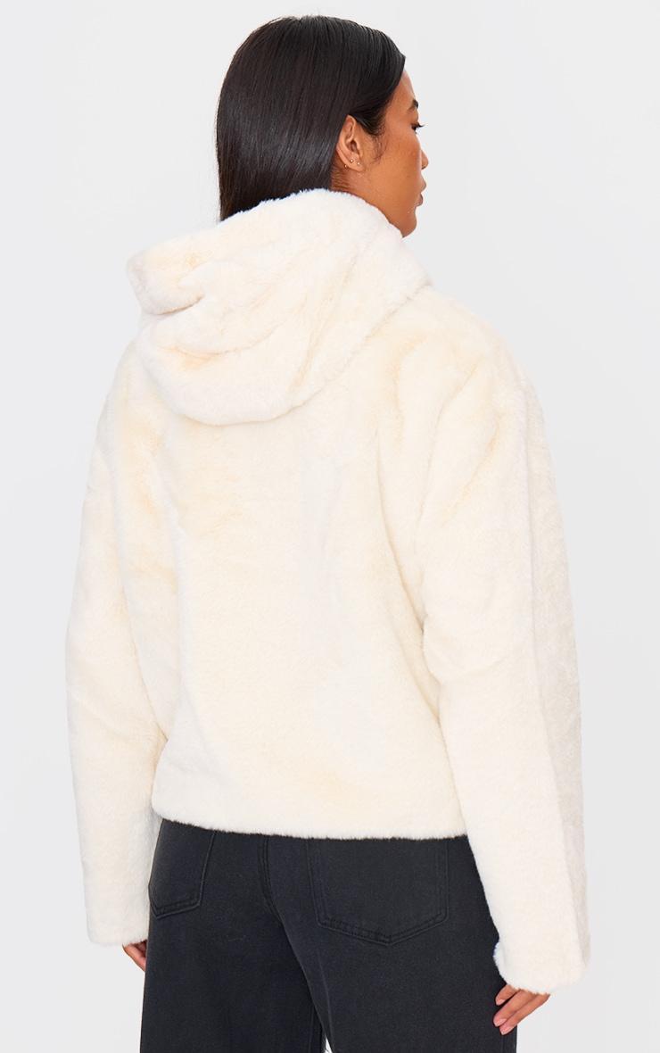 Cream Plush Faux Fur Hooded Zip Up Jacket Product Image