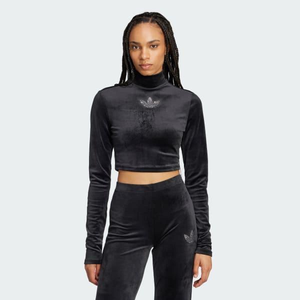 Long Sleeve Rhinestone Trefoil Velvet Crop Top Product Image