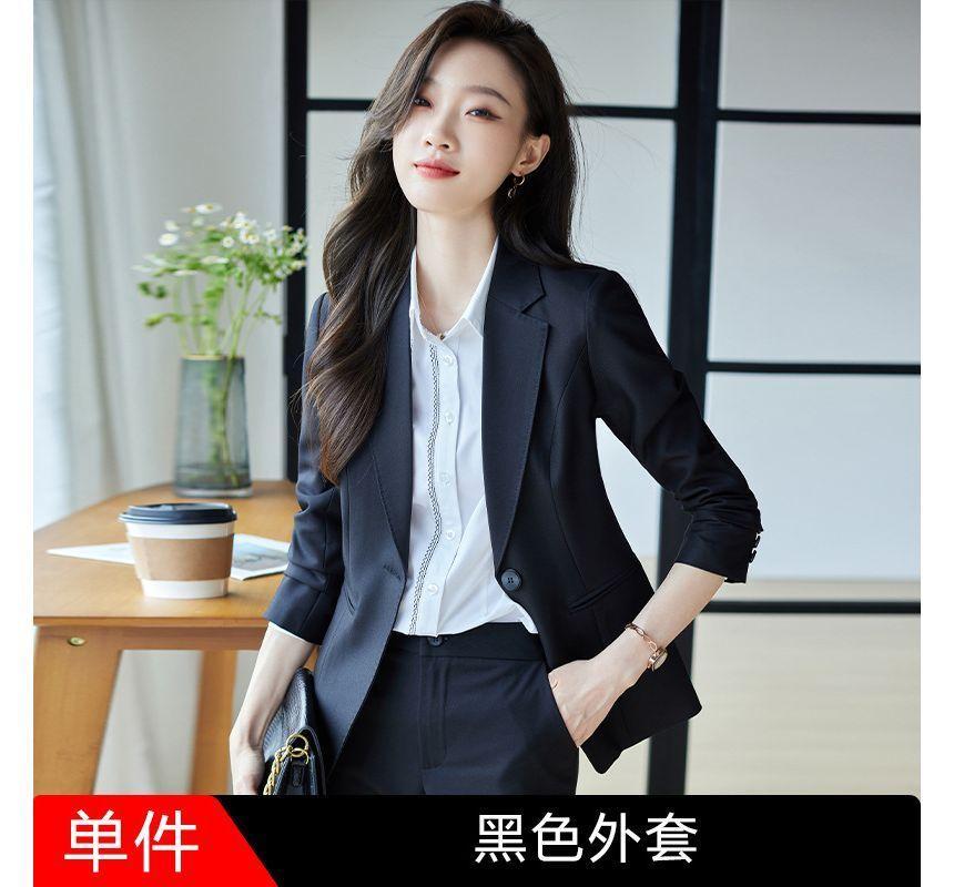 Plain Single-Button Blazer / Shirt / Straight Leg Dress Pants Product Image