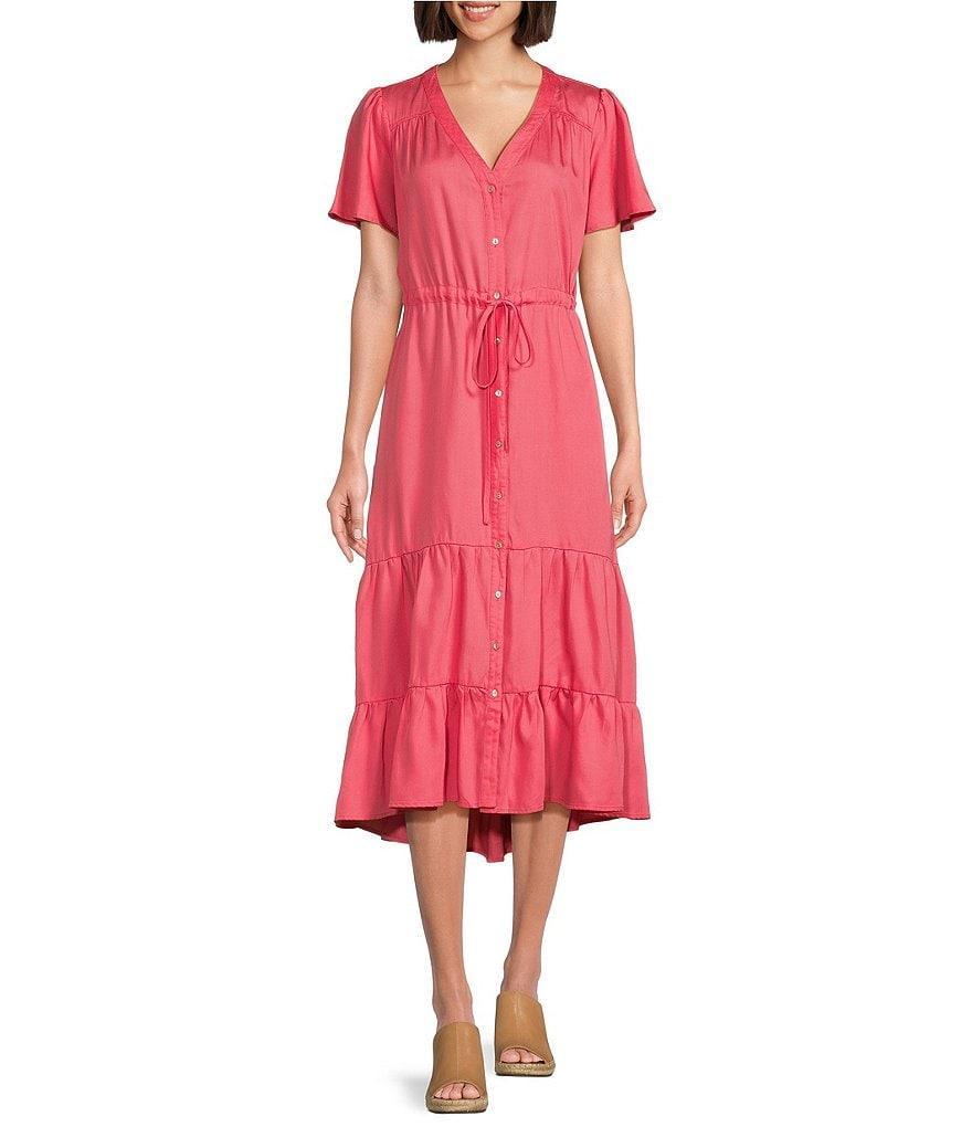 Nurture by Westbound Petite Size Button Front Short Flutter Sleeve Cinched Tie Waist High-Low Tiered Midi A-Line Dress product image