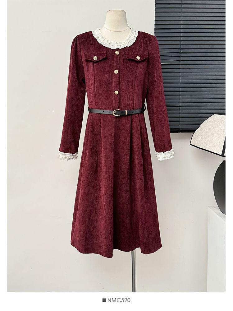 Corduroy Round Neck Dress With Belt Product Image