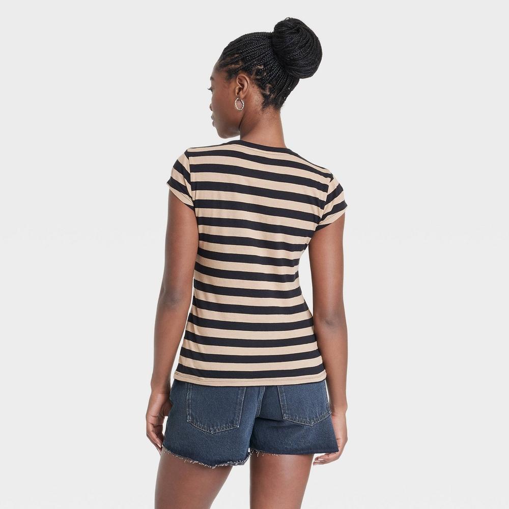 Women's Fitted Short Sleeve T-Shirt - Universal Thread™ Black/Tan Striped L Product Image