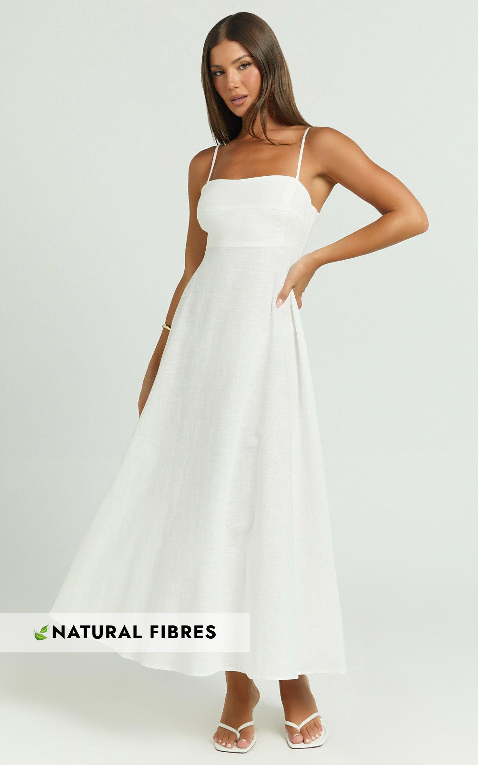 Brette Midi Dress - Linen Look Straight Neck Strappy Fit And Flare Dress in White product image