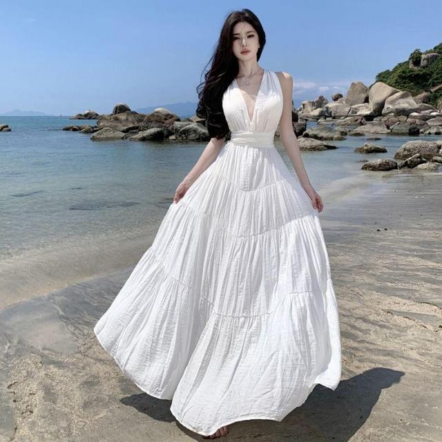 Sleeveless V-Neck Plain Maxi A-Line Dress Product Image