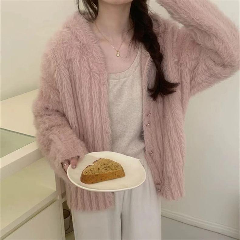 Plain Fluffy Hooded Button-Up Cardigan Product Image