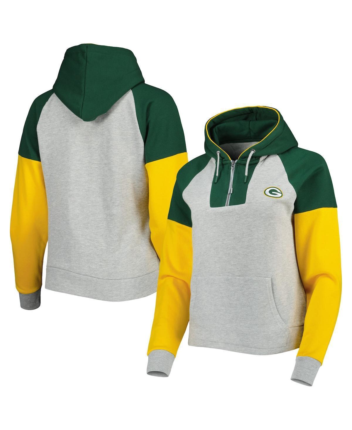 Womens Antigua Heathered Gray Green Bay Packers Jackpot Raglan Half-Zip Pullover Hoodie - Heathered Gray Product Image