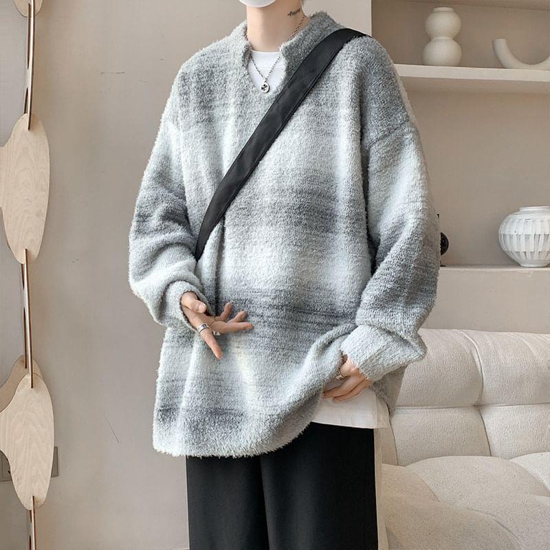 Drop Shoulder Notch Neck Striped Oversized Sweater Product Image