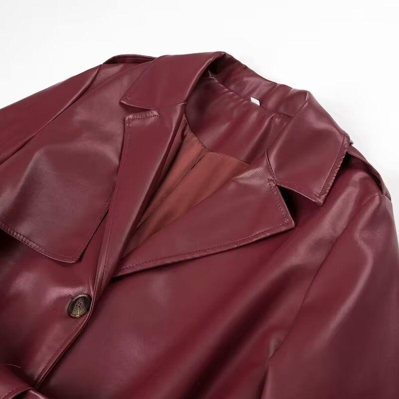 Lapel Collar Plain Faux Leather Midi Single-Breasted Trench Coat Product Image