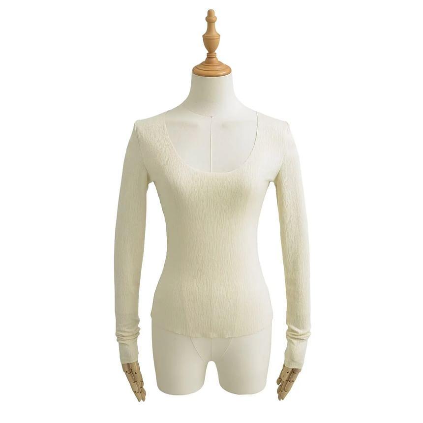 Long Sleeve Scoop Neck Plain Panel Lace Top Product Image