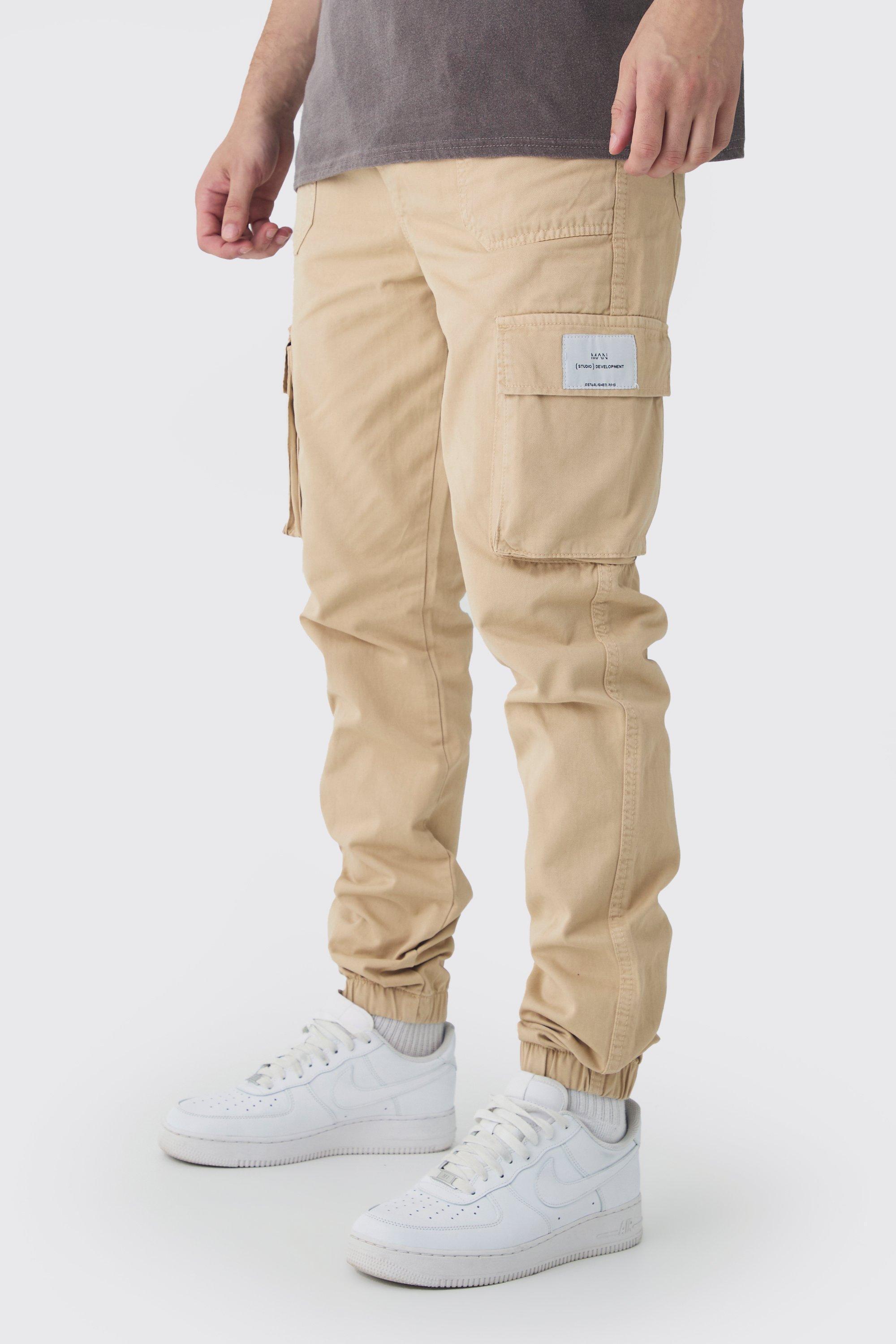 Mens Beige Tall Elasticated Waist Branded Slim Fit Cargo Jogger, Beige Product Image