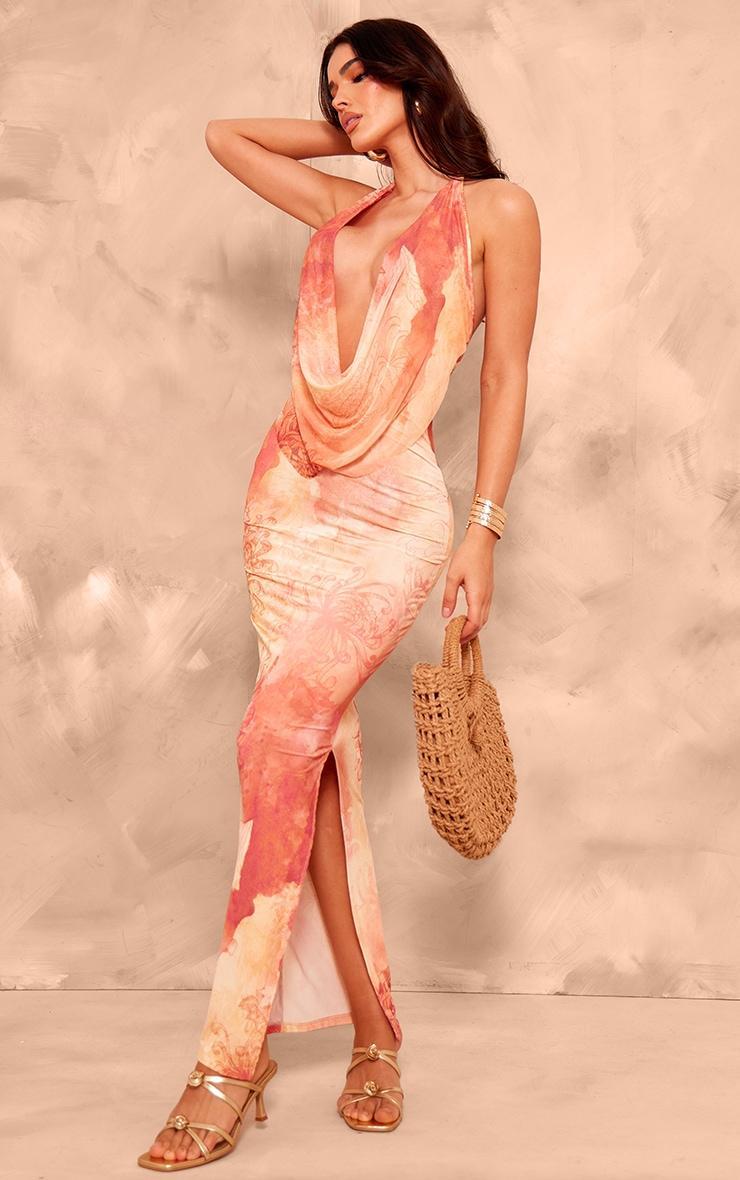 Peach Blurred Mesh Extreme Cowl Neck Maxi Dress Product Image