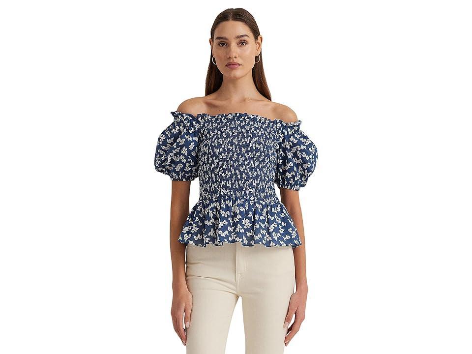 LAUREN Ralph Lauren Floral Cotton Voile Peplum Blouse Cream) Women's Clothing Product Image