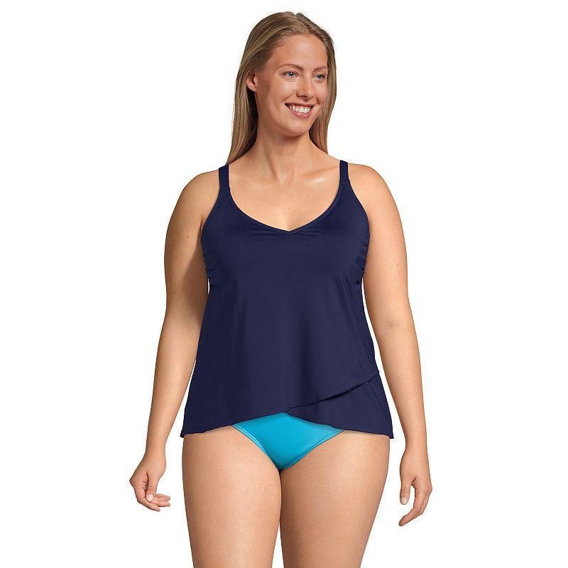 Plus Size Lands End Chlorine Resistant V-Neck Tulip Hem Tankini Swimsuit Top with Adjustable Straps, Womens Blue Product Image