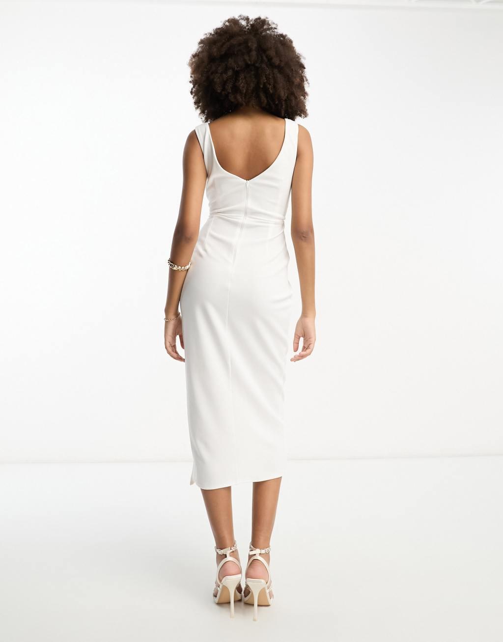 ASOS DESIGN plunge neck wrap midi dress in cream Product Image