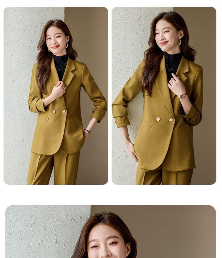 Lapel Collar Plain Double Breasted Blazer / Mid Waist Plain Wide Leg Slacks / Set Product Image