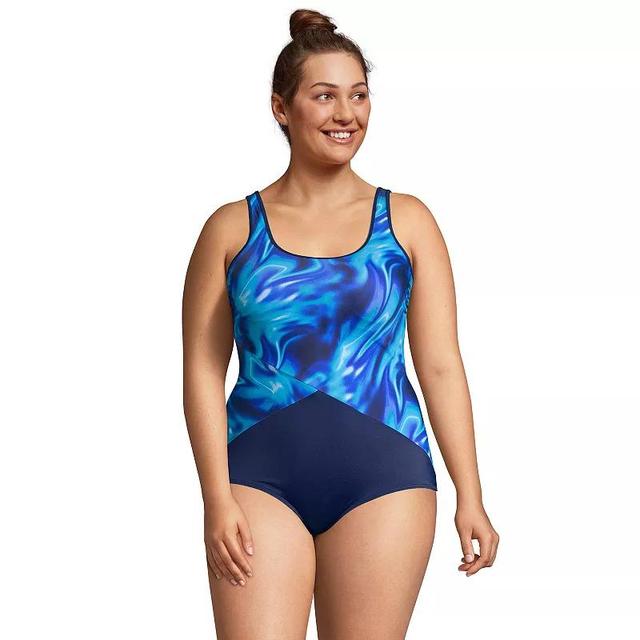 Plus Size Lands End Tugless UPF 50 Sporty One-Piece Swimsuit, Womens Multi Swirl Blue Product Image