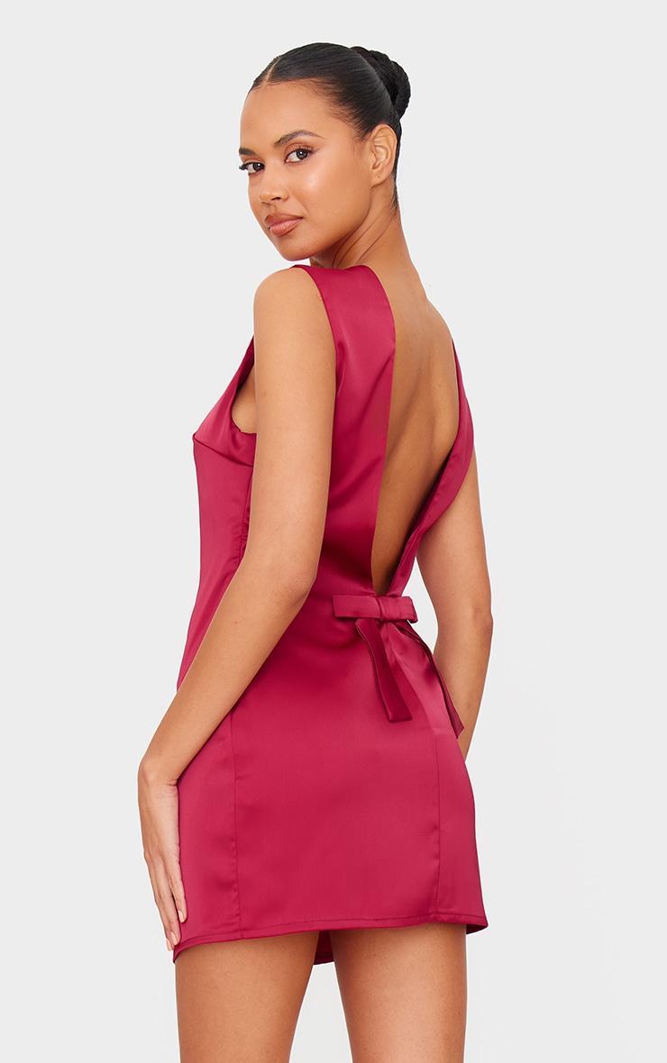 Burgundy Satin Plunge Back Bow Detail Mini Dress Product Image