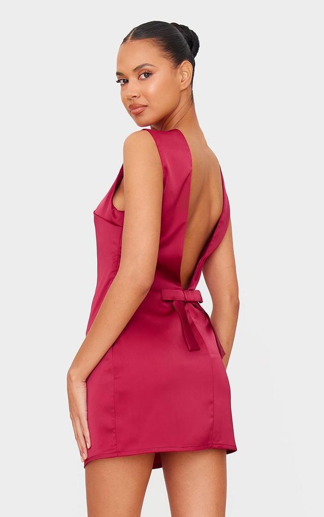 Burgundy Satin Plunge Back Bow Detail Mini Dress Product Image